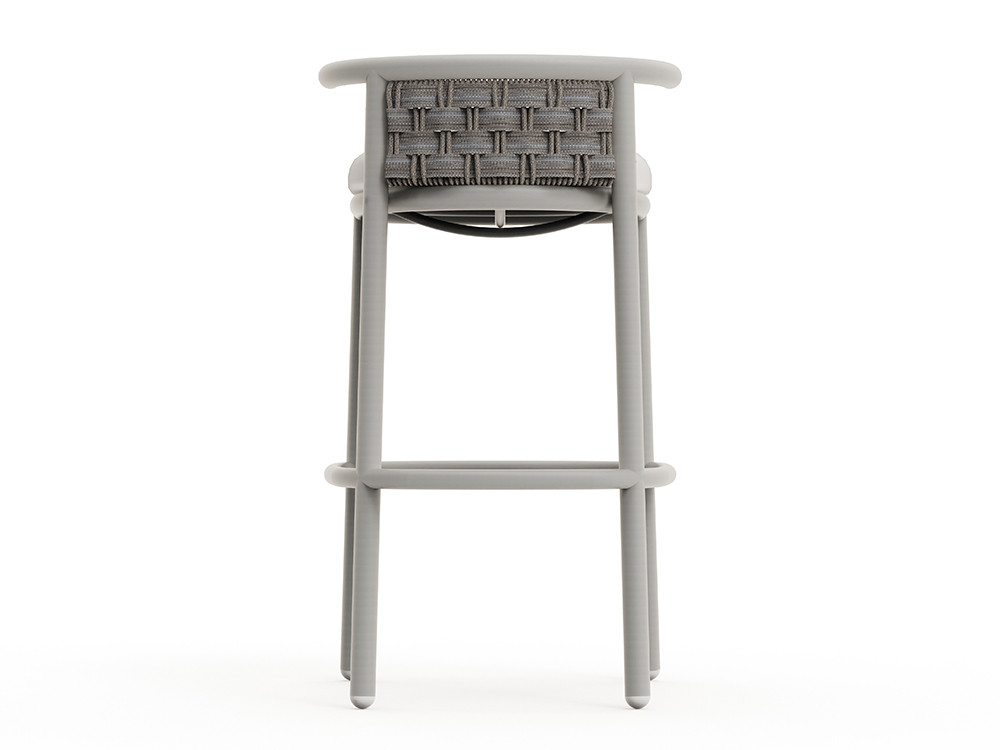 Los muebles exterior aluminio Botit unen cuerda plana y redonda en este taburete alto ideal para tu terraza o jardín.