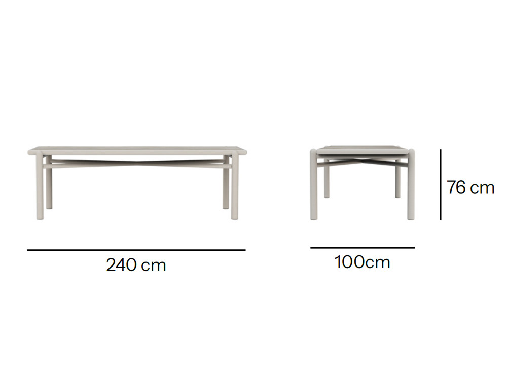 Consigue un estilo formal con tu mesa comedor exterior Botit: porcelánico y aluminio white wash en medida de 240cm.