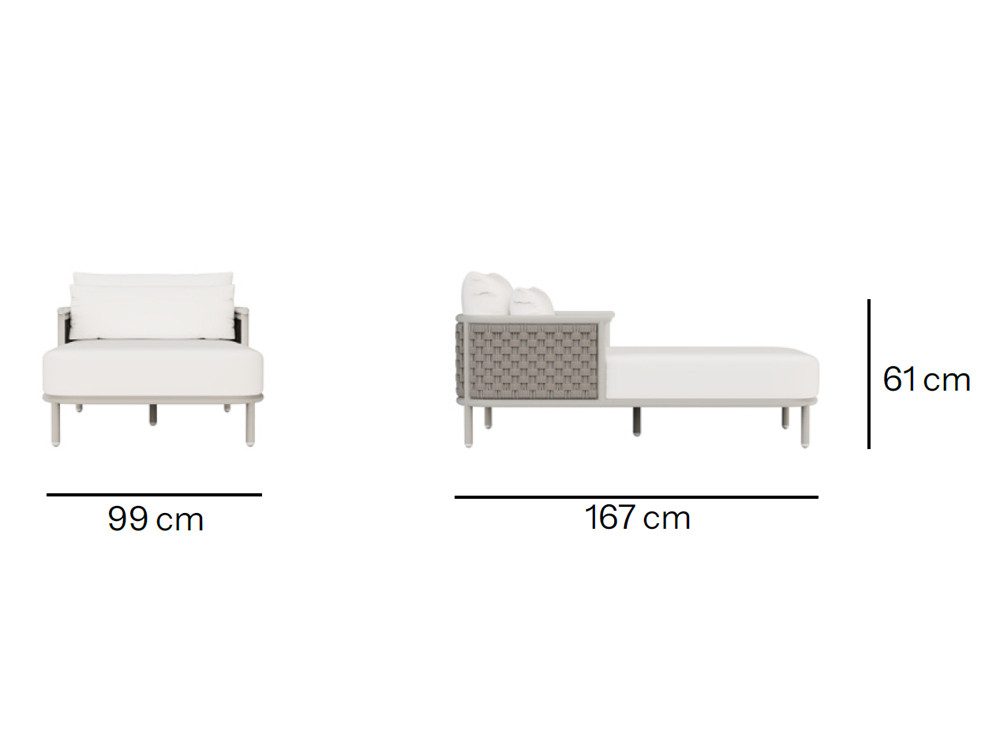 Esta chaise longue aluminio Botit combina cuerda plana y redonda en acabado white wash para que descanses con gran estilo.