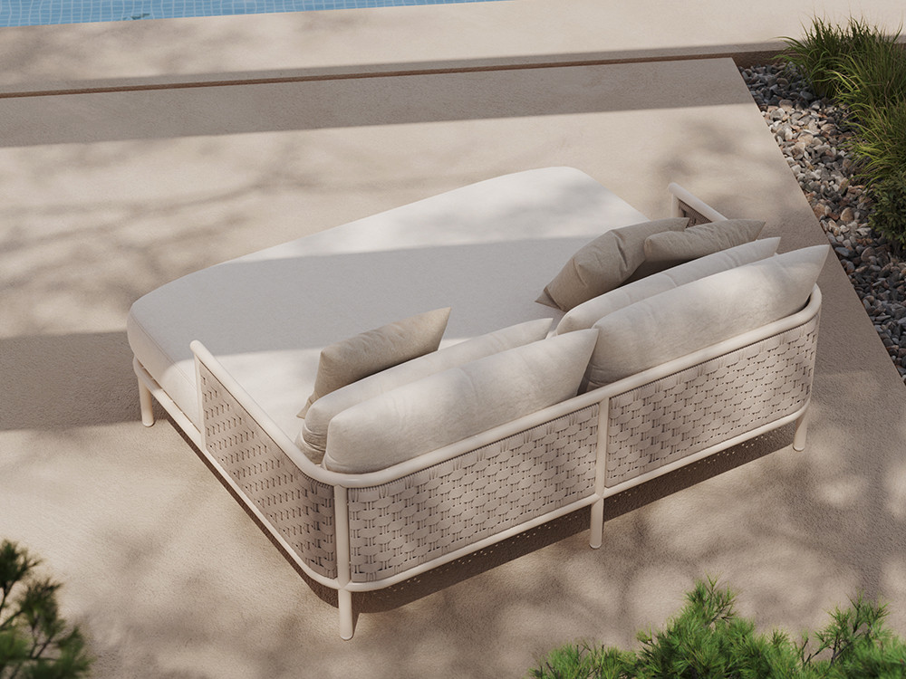 La cama de jardín Botit de Skyline tiene aluminio white wash y cuerdas mixtas en Mobel 6000 de Madrid. Disfruta tu exterior.