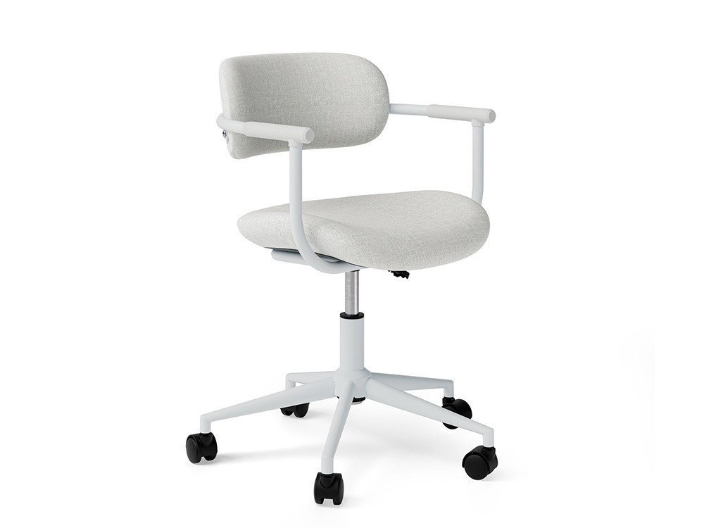 La silla de oficina Oxford destaca por su estructura blanca y colores suaves. Ideal para tu espacio Seismil Studio