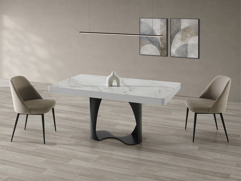 Tu salón destacará con esta mesa comedor porcelánico Duna de Indesan. Base escultórica de acero y estilo muy premium.