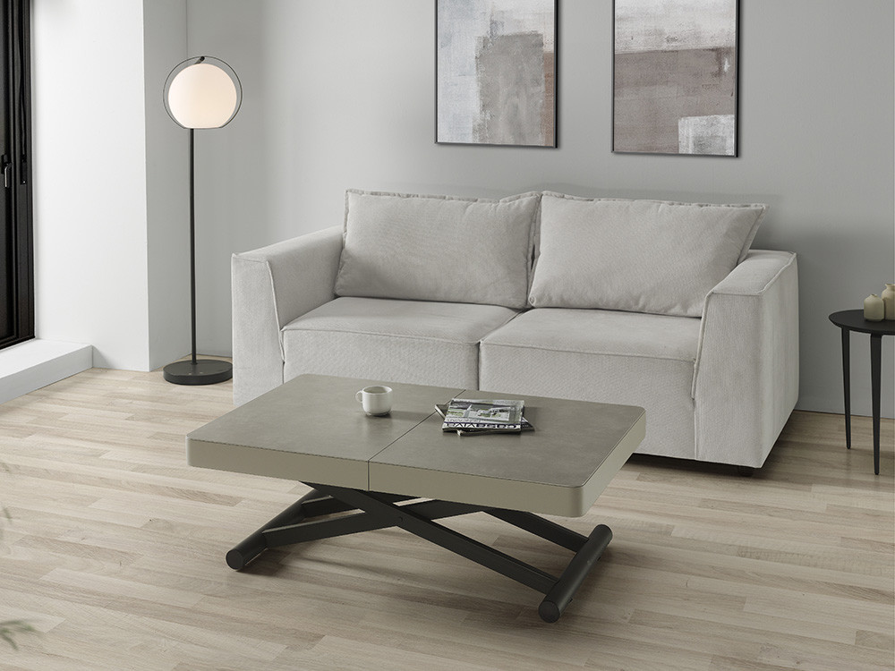 Mesa de centro convertible en mesa de comedor Vita porcelánico con mecanismo eléctrico de Indesan