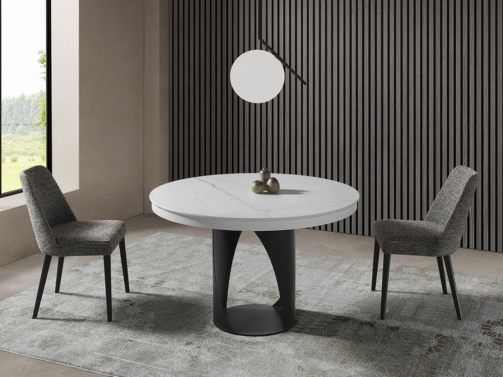 Descubre esta mesa redonda extensible Frida. Haz tu compra online en Mobel 6000 con un acabado porcelánico premium.