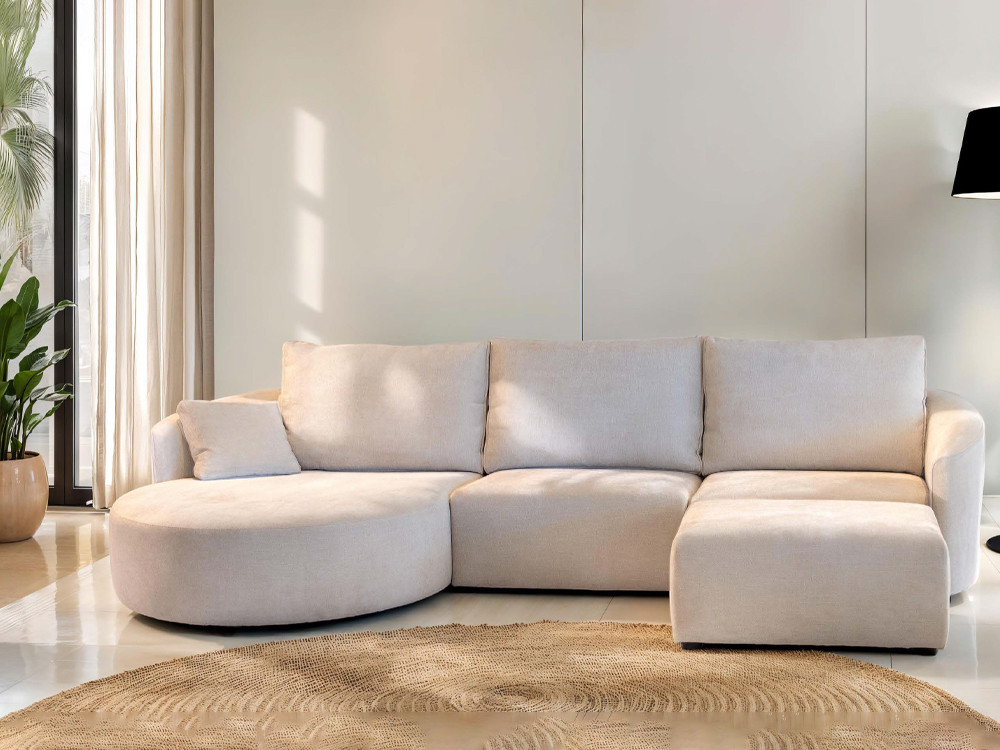 Diseña tu sofa modular Nora Curve con chaiselongue en Mobel 6000 en Madrid. Personaliza medidas y telas con estilo premium.