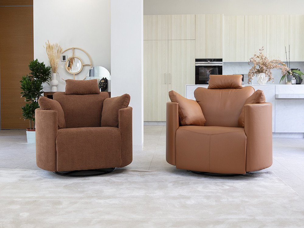Crea tu sillon relax giratorio Moonrise de Fama. Personaliza el tapizado con tejidos de nivel y estilo muy premium