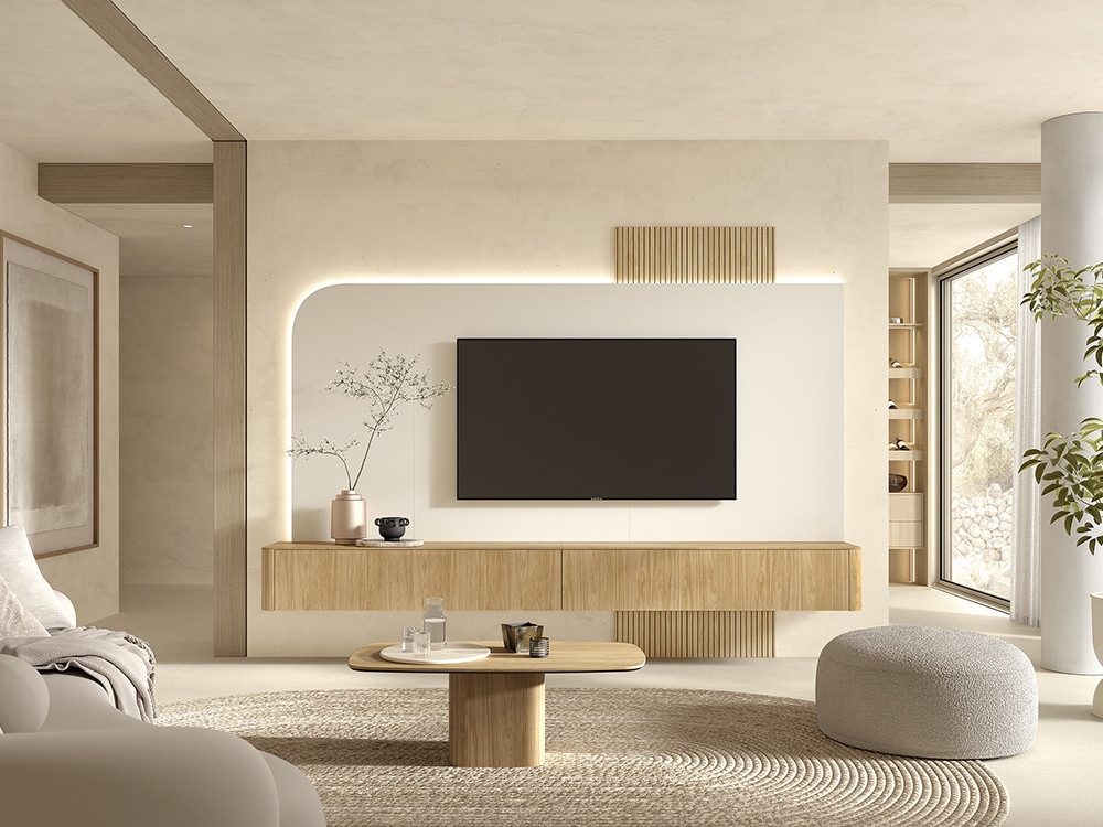 Diseña tu composicion mueble tv B001 de Kazzano en Mobel 6000 en Madrid. Con luz led y cantos curvos muy premium