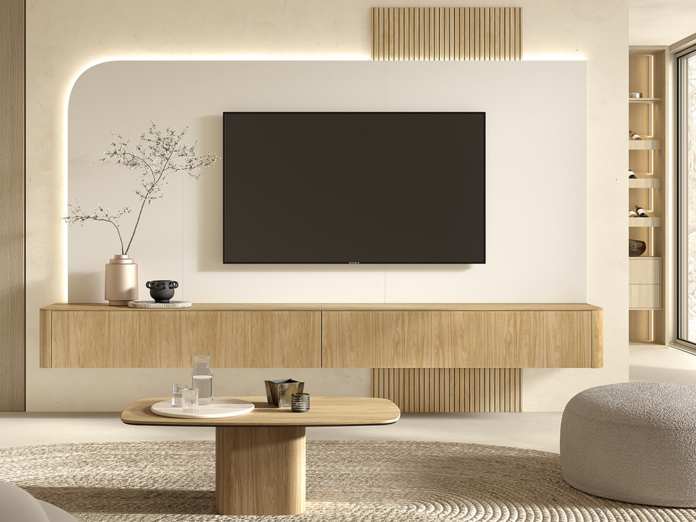 La composicion mueble tv B001 de Kazzano es ideal para tu hogar. Luces led y cantos curvos de estilo premium