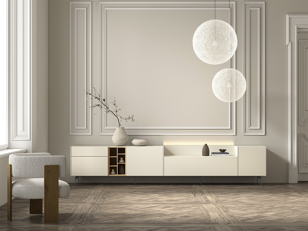 Diseña tu mueble modular tv B002 de Kazzano en Mobel 6000. Melamina roble americano y el sutil acabado cera de diseño.