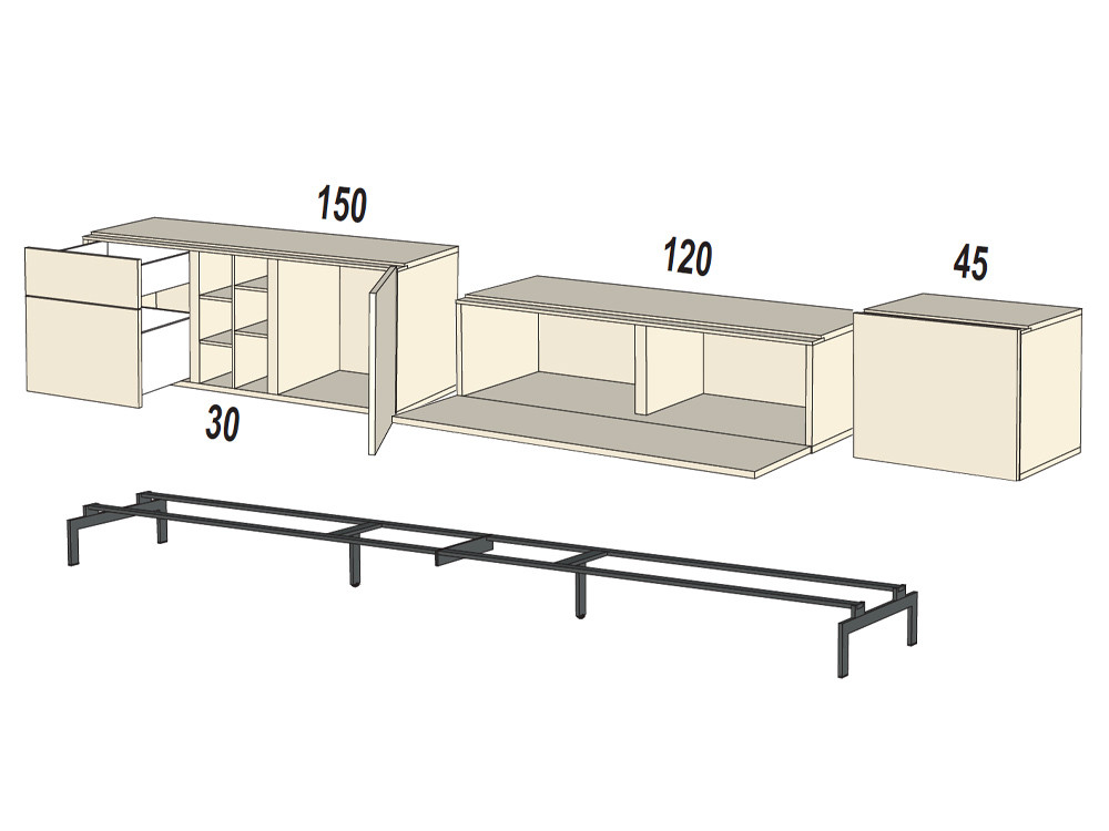 Composición a medida del mueble TV B002 de Kazzano en Mobel 6000 | Seismil Studio