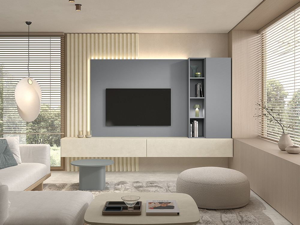 Diseña tu composicion B006 de Kazzano en Mobel 6000 en Madrid. Panel alistonado y muebles suspendidos salon muy elegantes.