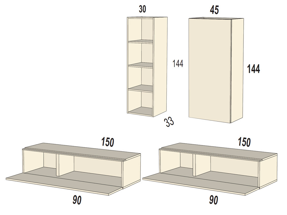 Crea un salon moderno con el panel alistonado B006 de Kazzano. Muebles de tv suspendidos en tonos caliza y azul sofisticados.