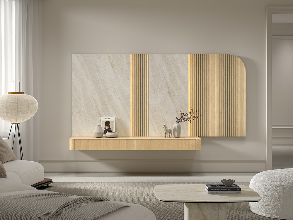 Diseña tu mueble de tv moderno B015 de Kazzano en Mobel 6000 en Madrid. Tiene dos cajones y panel con luces led traseras.