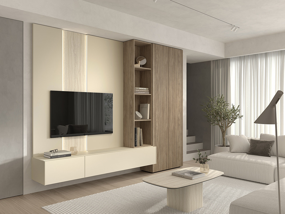 Diseña tu mueble de tv con panel B018 de Kazzano en Mobel 6000 en Madrid. Con elegante libreria en madera nogal y caliza.