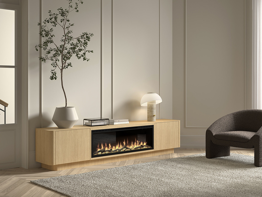 Diseña tu mueble television con chimenea electrica B020 de Kazzano en Mobel 6000 en Madrid,de elegante diseño.