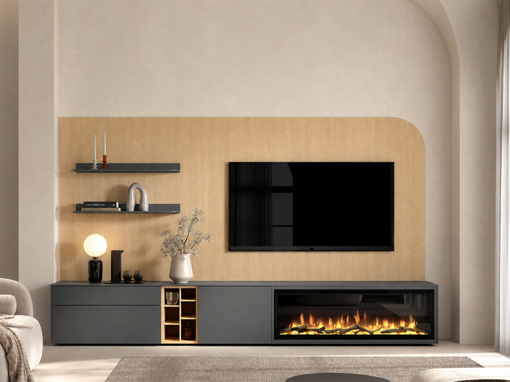Diseña tu mueble de tv con chimenea B021 de Kazzano en Mobel 6000 en Madrid. Elige su panel led con un diseño muy elegante.