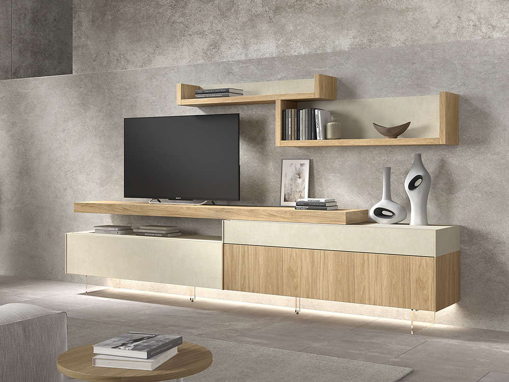 Diseña tu mueble de tv moderno B028 de Kazzano en Mobel 6000 en Madrid. Con cajones y estantes a medida