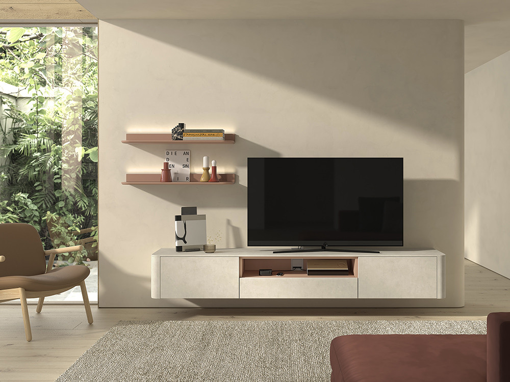 Diseña tu mueble tv suspendido B030 de Kazzano en Mobel 6000 en Madrid. Con sus dos estantes, pasacables y diseño a medida.