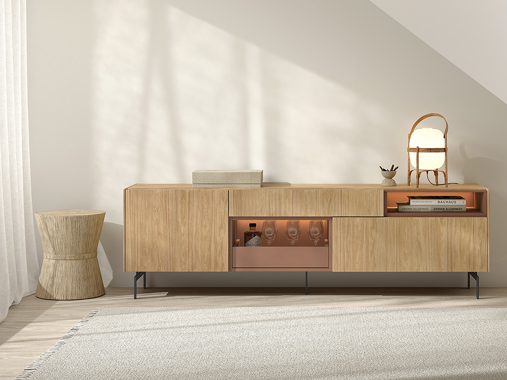 Diseña tu aparador de diseño B033 de Kazzano en Mobel 6000 en Madrid. Con su cajon abierto y acabados a medida elegantes.