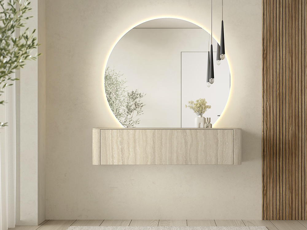 Diseña tu mueble recibidor con espejo de Kazzano en Mobel 6000 en Madrid, con puerta abatible y una cálida luz led ideal.