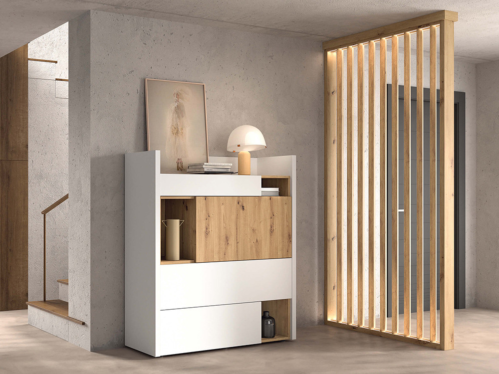 Este separador madera salon de Kazzano divide tus zonas con lamas giratorias independientes y un sutil led de dos bandas.