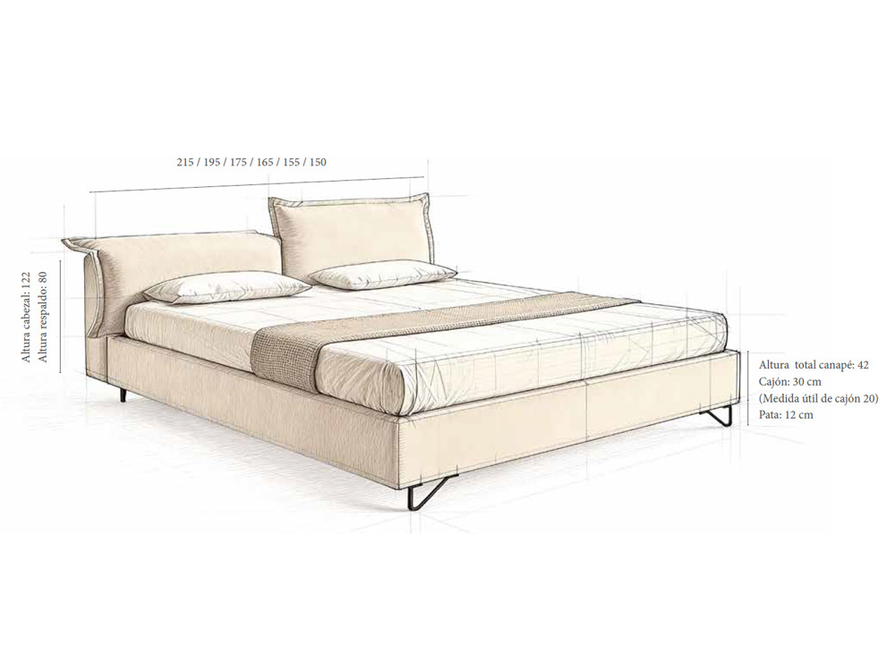 Disfruta del sutil confort de tu cama tapizada con canape Aria de Acana Piel, con su cabezal plegable con sutil almacenaje.