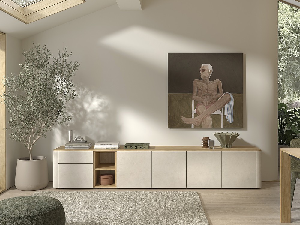 Diseña a tu gusto el mueble TV B004 de Kazzano en Mobel 6000 en Madrid, con sus laterales redondeados y gran almacenaje.