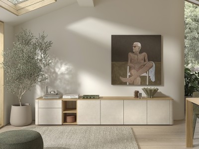 Diseña a tu gusto el mueble TV B004 de Kazzano en Mobel 6000 en Madrid, con sus laterales redondeados y gran almacenaje.