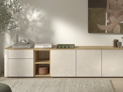Tu mueble de televisión moderno B004 de Kazzano te espera al hacer tu compra online en Mobel 6000, con sutiles acabados.