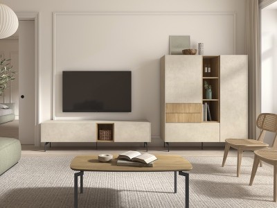 Diseña tu salón de diseño moderno B005 de Kazzano en Mobel 6000 en Madrid, con mueble tv y aparador alto personalizable.