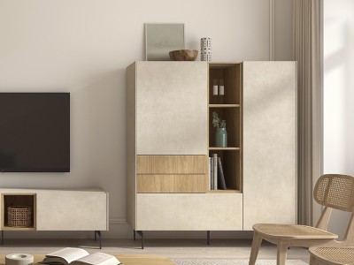 La composición mueble tv B005 de Kazzano destaca en Seismil Studio, con su aparador alto a la medida de tu salón moderno.