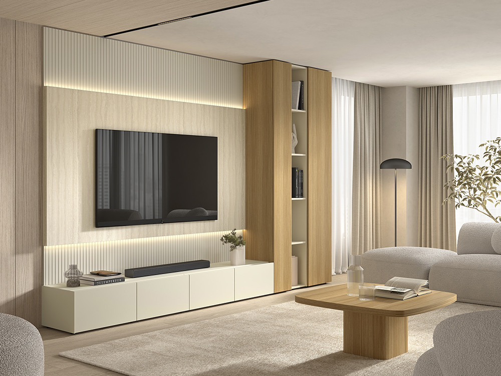 Diseña tu composición de salón B007 de Kazzano en Mobel 6000 en Madrid, con un panel de televisión a la medida de tu hogar.