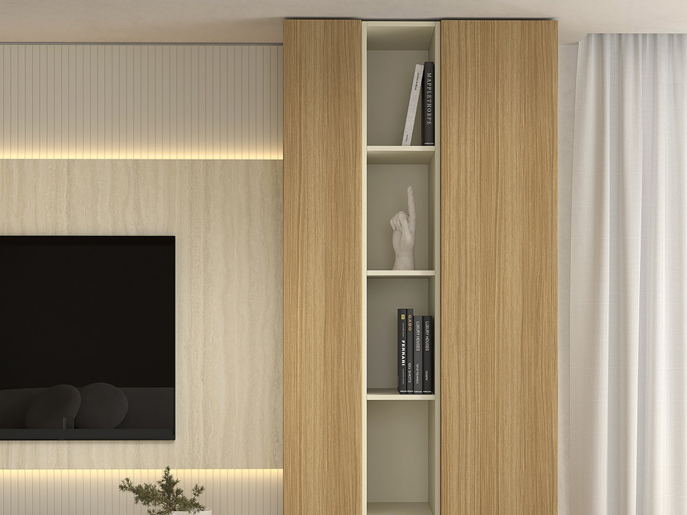 Tu composición de salón B007 de Kazzano te espera al hacer tu compra online en Mobel 6000, con un panel de tv a tu medida.