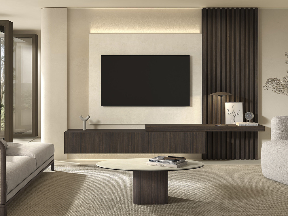 Diseña tu composición de salón B008 de Kazzano en Mobel 6000 en Madrid, con su elegante panel de tv y un fondo alistonado.