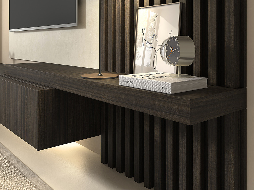 Tu composición de salón B008 de Kazzano te espera. Haz tu compra online en Mobel 6000 con panel de tv y panel alistonado.