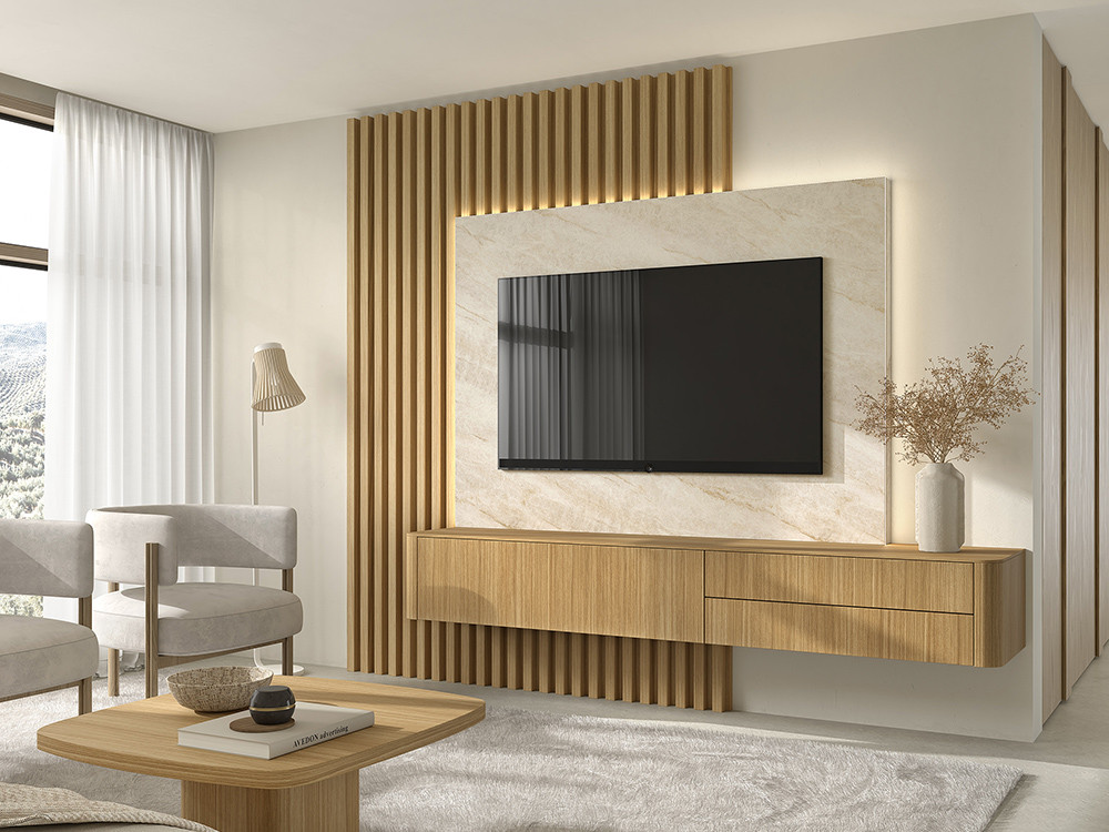 Diseña tu salón con el mueble de tv suspendido B010 de Kazzano en Mobel 6000 en Madrid, con un estético panel alistonado.
