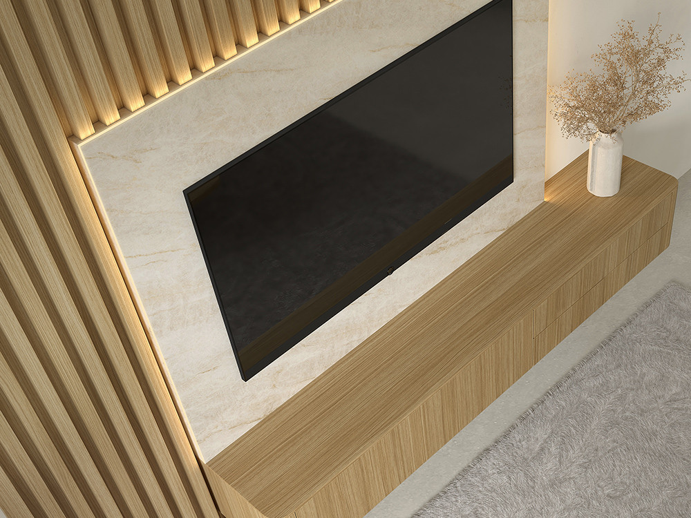 Tu moderno mueble de tv suspendido B010 de Kazzano te espera al hacer tu compra online en Mobel 6000 con panel alistonado.