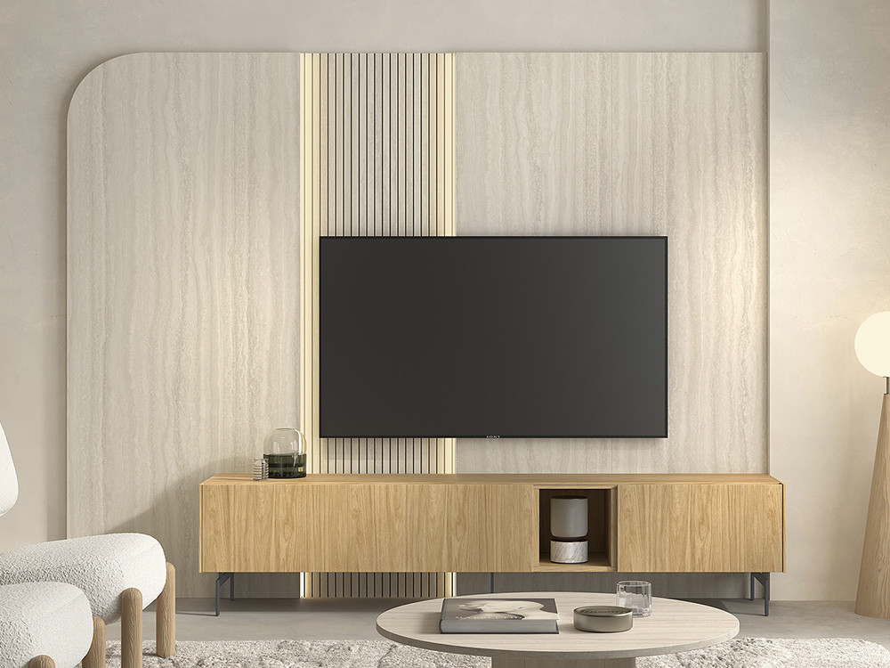 Tu mueble de salón B011 de Kazzano te espera. Haz tu compra online en Mobel 6000 con módulo tv bajo y panel franjas