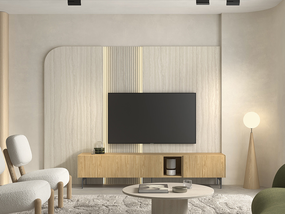 Diseña tu comedor con la composición B011 de Kazzano en Mobel 6000 en Madrid, con un módulo tv bajo y panel franjas.