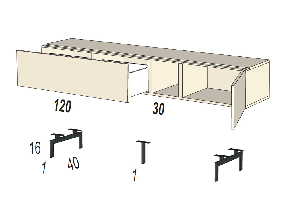 Personaliza a medida tu salón moderno B011 de Kazzano, con un módulo de televisión bajo y un estético panel franjas