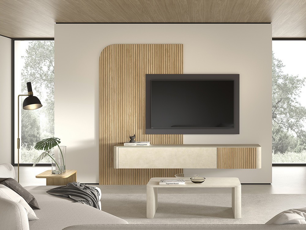 Diseña tu salón con el mueble de tv suspendido B012 de Kazzano en Mobel 6000 en Madrid, con elegantes paneles alistonados.