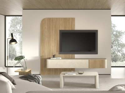 Diseña tu salón con el mueble de tv suspendido B012 de Kazzano en Mobel 6000 en Madrid, con elegantes paneles alistonados.