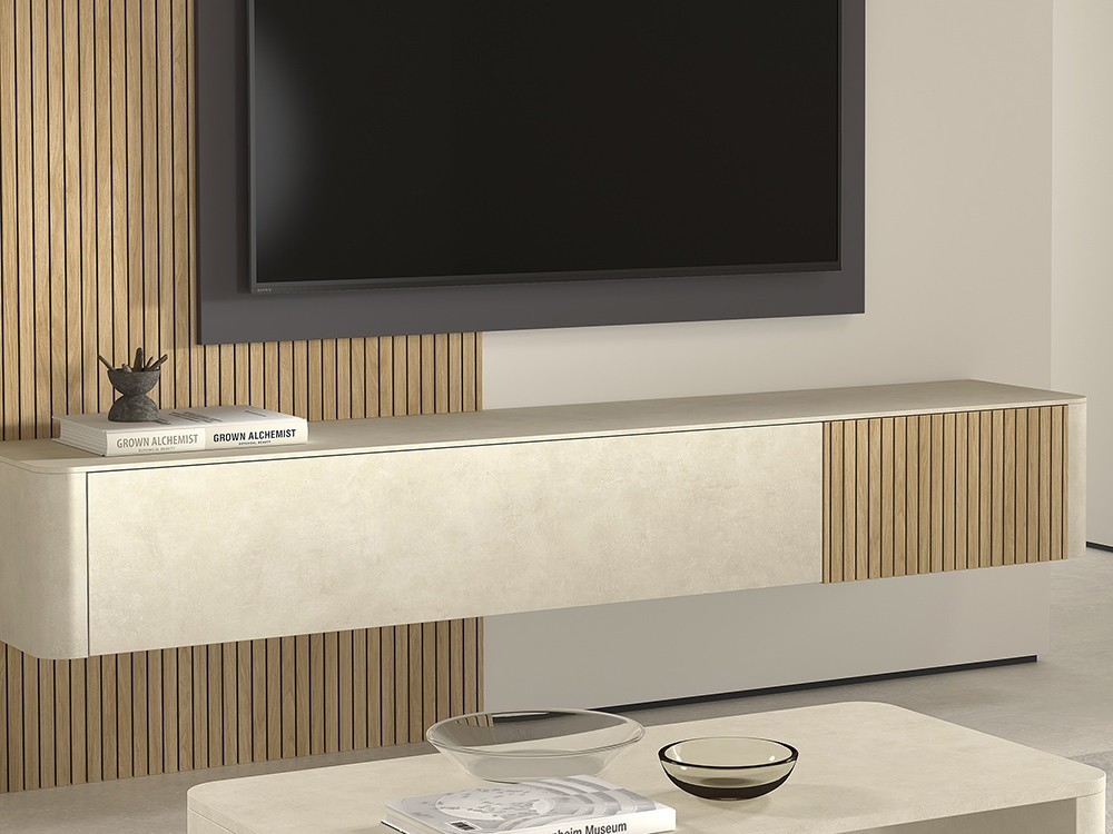 Tu mueble de tv suspendido B012 de Kazzano te espera. Haz tu compra online en Mobel 6000, con bellos paneles alistonados.