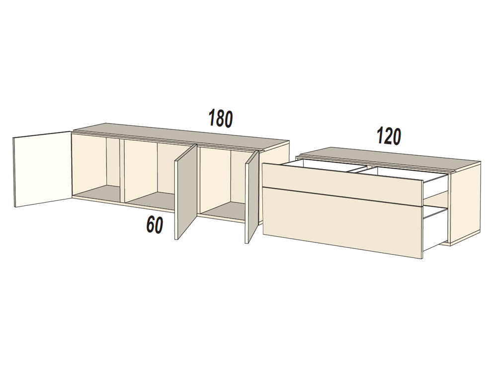Consigue un salón moderno con la composición B013 de Kazzano, con líneas depuradas, panel para tv y lateral bicolor.
