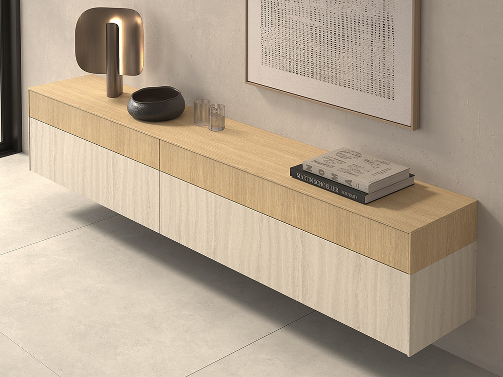 Tu composición de salón B014 de Kazzano te espera. Haz tu compra online en Mobel 6000, con su sobretapa y lateral bicolor.
