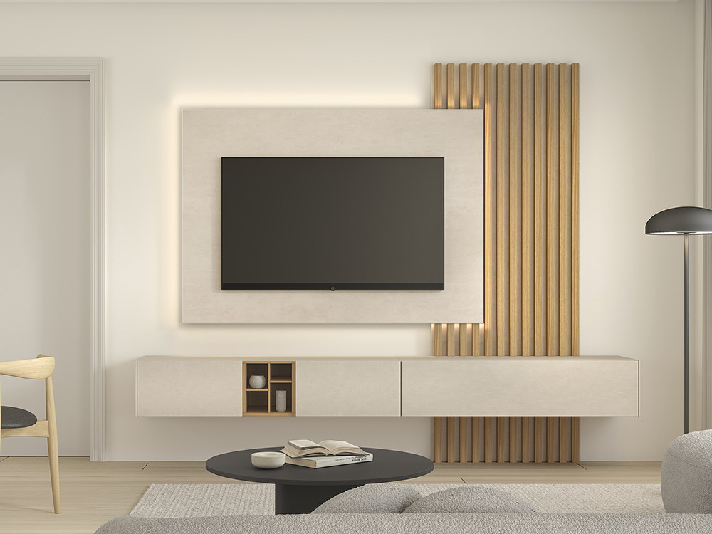 Diseña tu salón con la composición B016 de Kazzano en Mobel 6000 en Madrid, con un bello panel de tv y fondo alistonado.