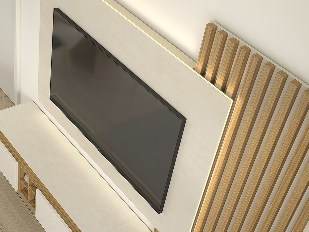 Tu composición de salón B016 de Kazzano te espera. Haz tu compra online en Mobel 6000, con su práctico panel de listones.