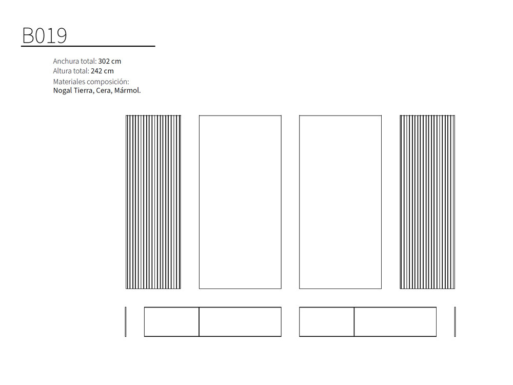 La composición de salón B019 de Kazzano destaca en Seismil Studio, con panelación decorativa en franjas o acabados lisos.