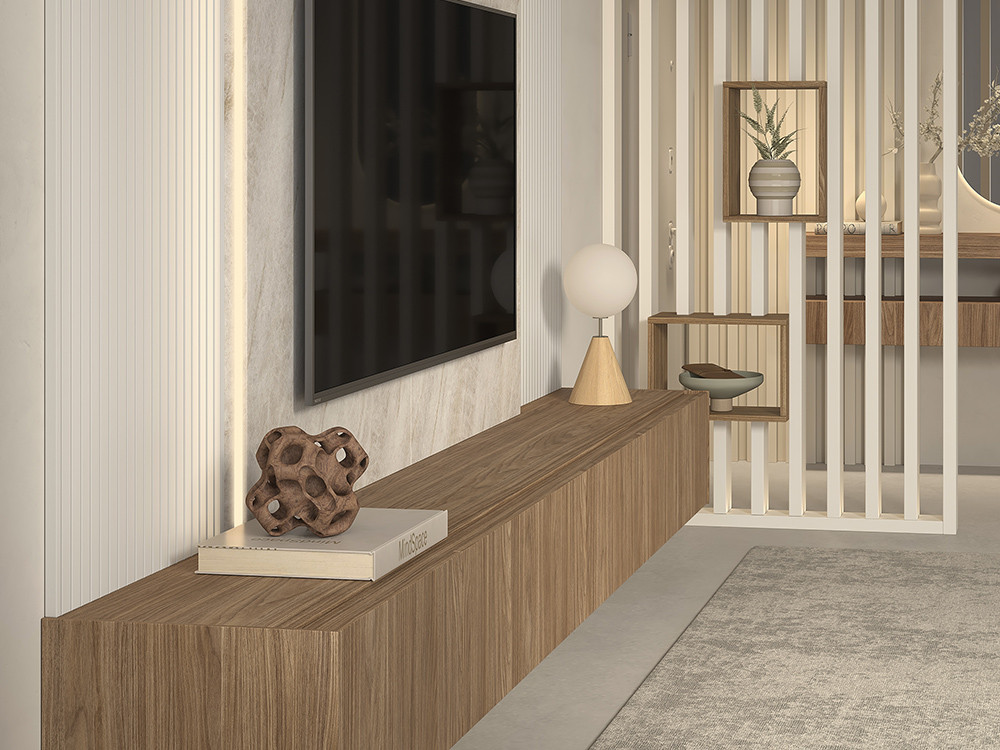 Tu composición de salón B019 de Kazzano te espera. Haz tu compra online en Mobel 6000, con paneles decorativos a tu medida.