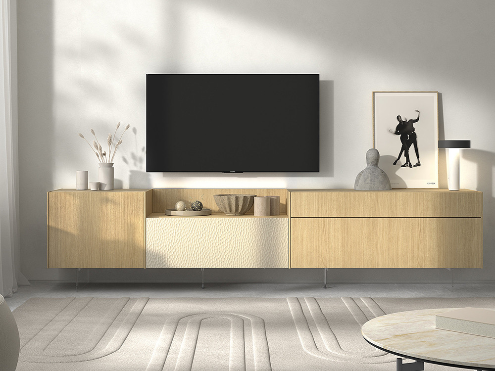 Diseña tu salón con el mueble TV B022 de Kazzano en Mobel 6000 en Madrid, con frente orgánico 3D y patas de metacrilato.